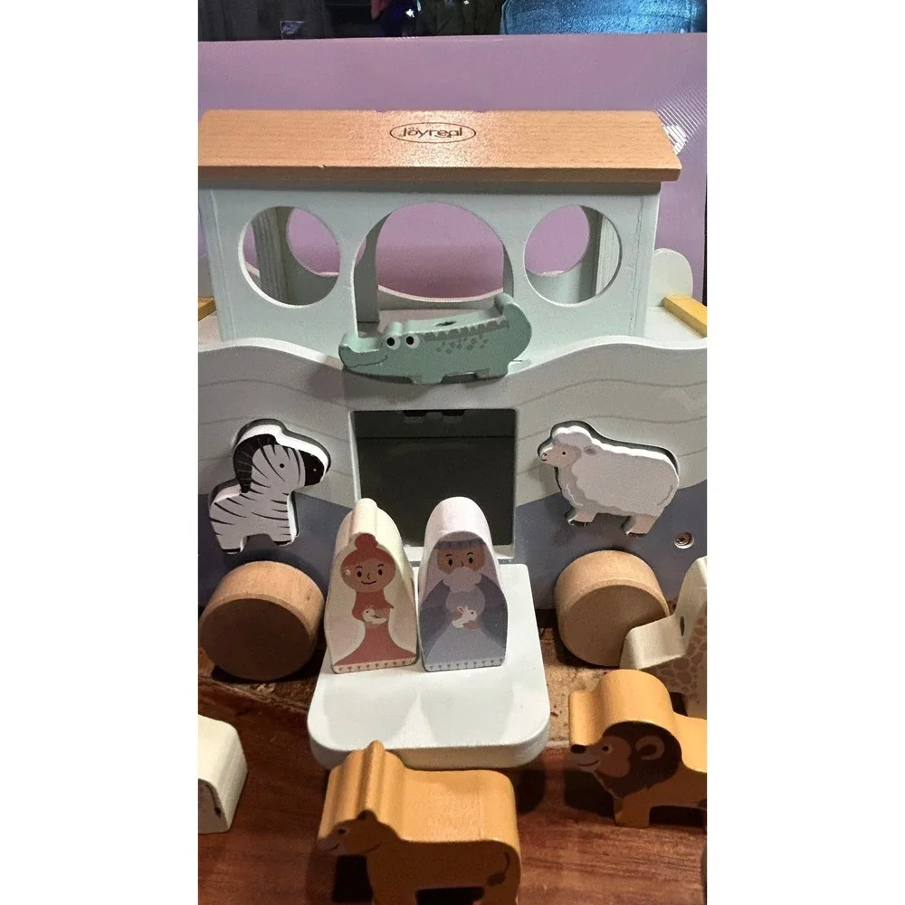 Joyreal Noahs Ark Wooden Pull Toy Shape Sorter Animal Figures Toddler Play Set